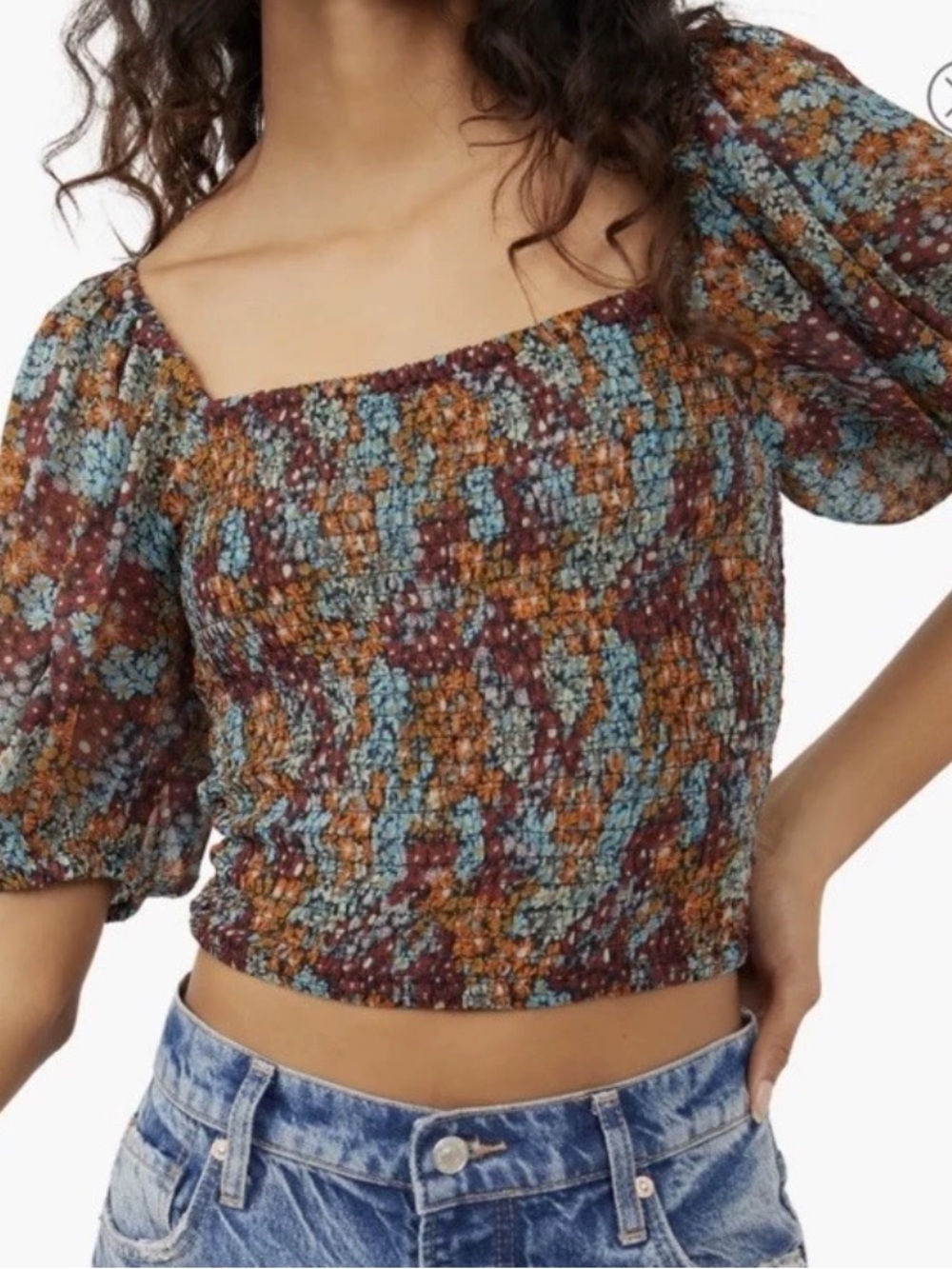 Free People Back On Top Smocked Puff Sleeve Crop Top. Size Small